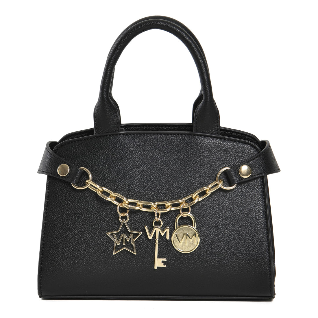 Bolsa tote feminina Via Marte preta com detalhe de corrente dourada e pingentes personalizados